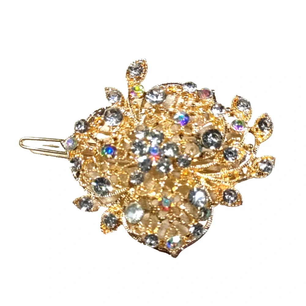 Gold Ice Hair Barrette Gold Tone Icey Blue Rhinestone Hair Barrette
